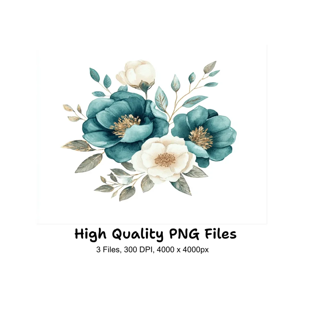 Elegant Teal Gold Floral Clipart Bundle