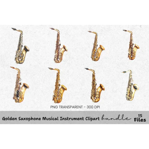 Golden Saxophone Musical Instrument Clipart Bundle