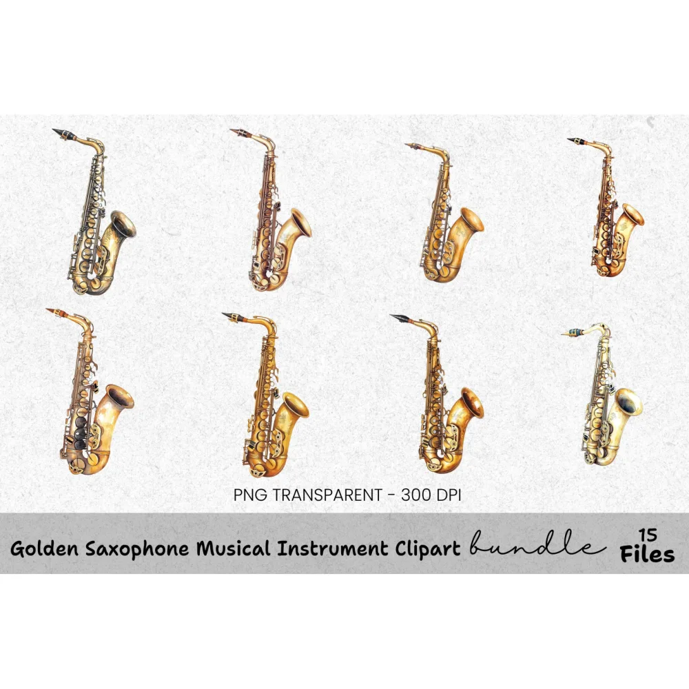 Golden Saxophone Musical Instrument Clipart Bundle