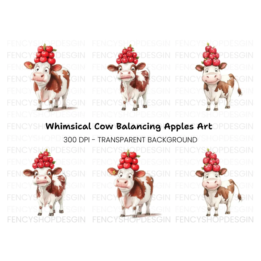 Funny Cow with Apple Stack Clipart Bundle