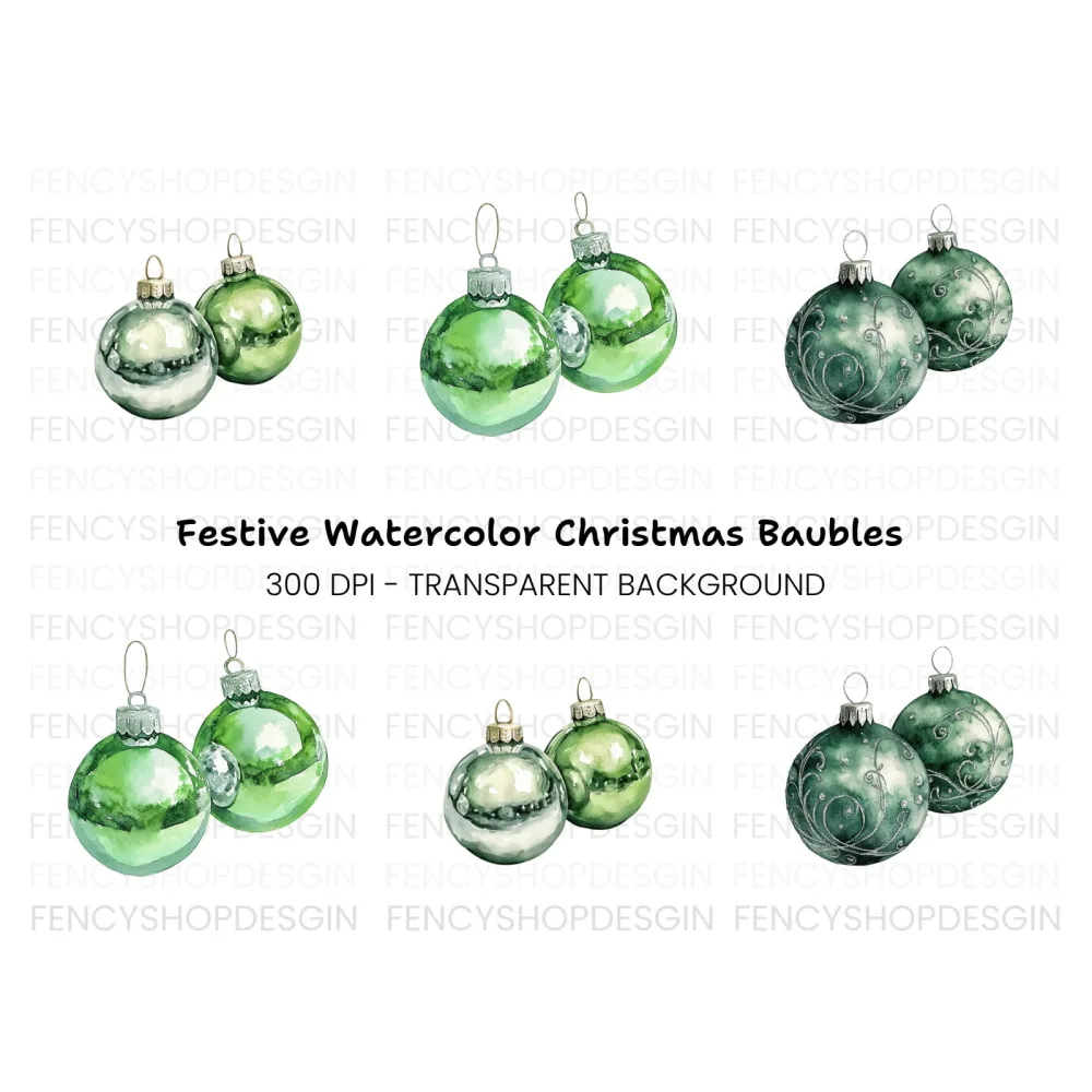 Elegant Green Christmas Baubles Clipart Bundle