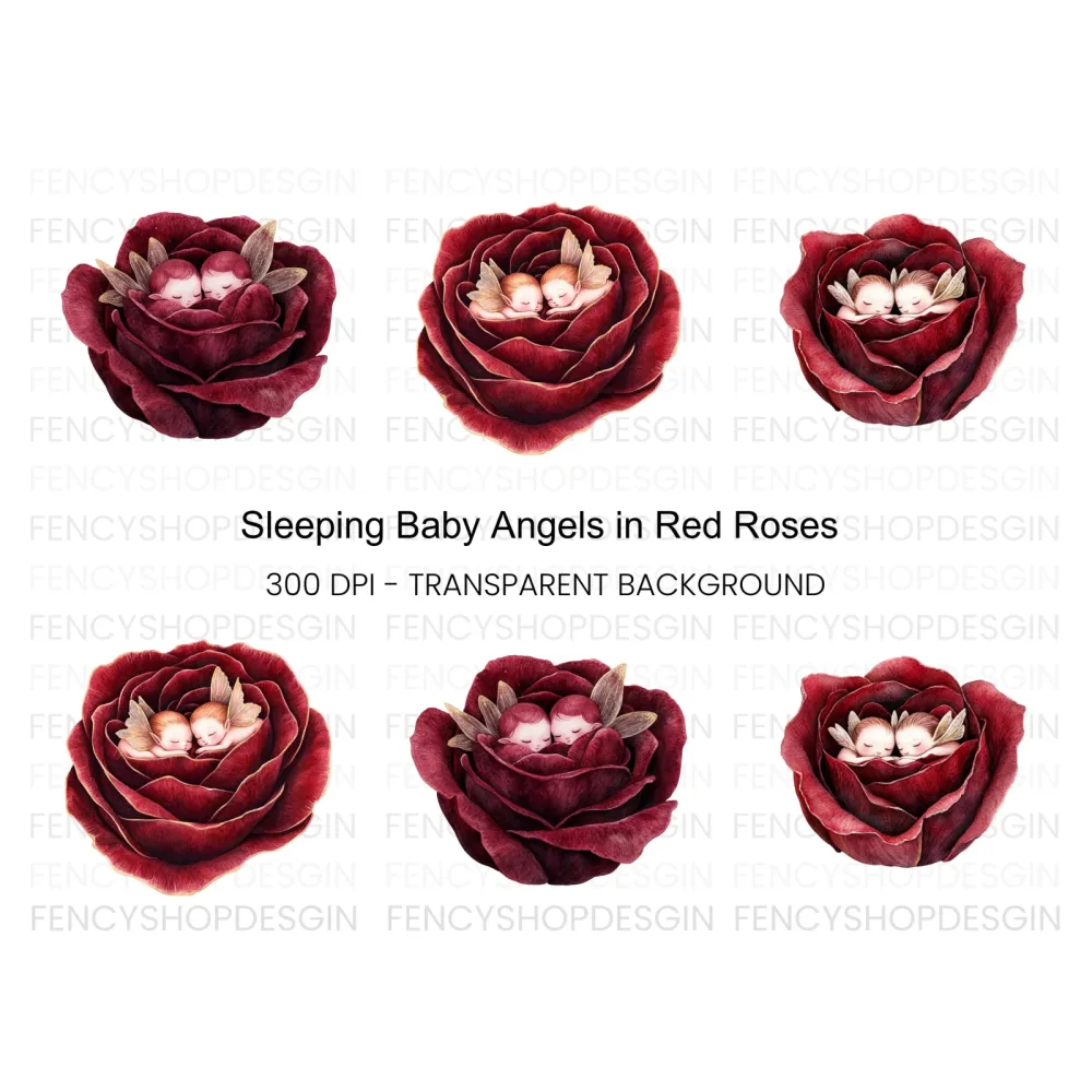 Sleeping Cherubs in Red Rose Clipart Bundle