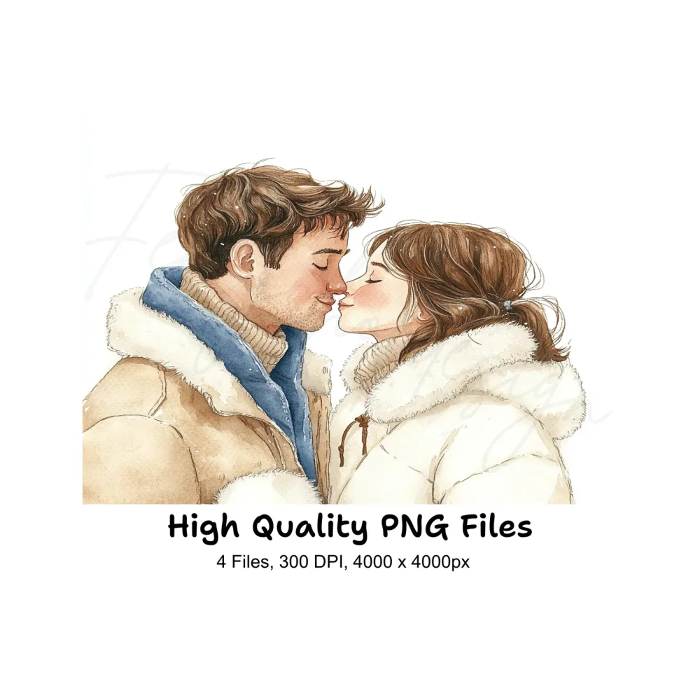 Romantic Winter Couple Kissing Clipart Bundle