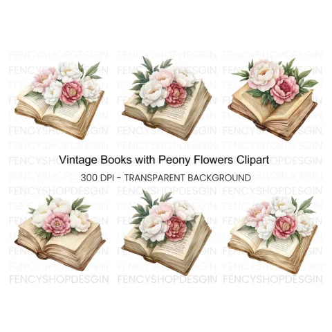 Vintage Books and Peony Flowers Clipart Bundle