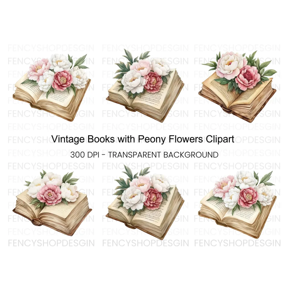 Vintage Books and Peony Flowers Clipart Bundle