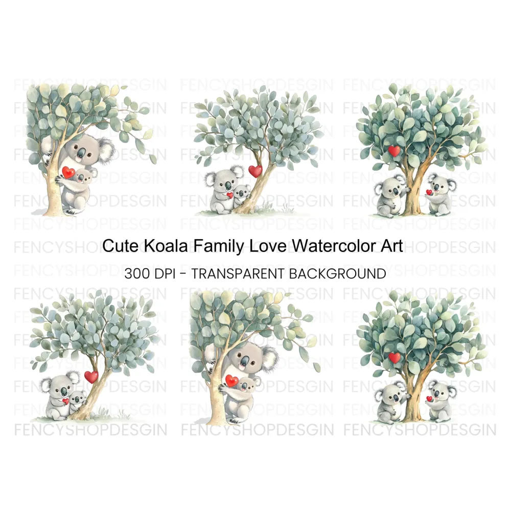 Cute Koala Family with Eucalyptus Trees Clipart Bundle