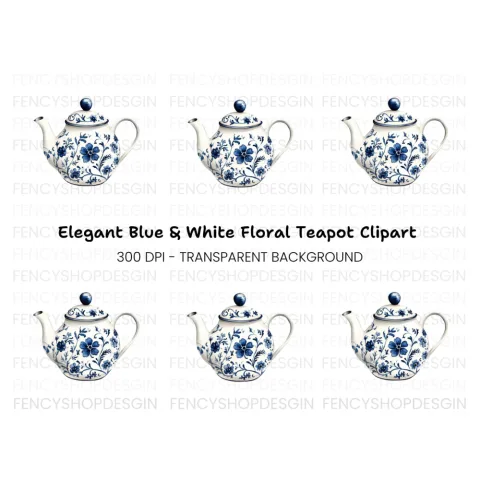 Elegant Blue and White Teapot Clipart Bundle