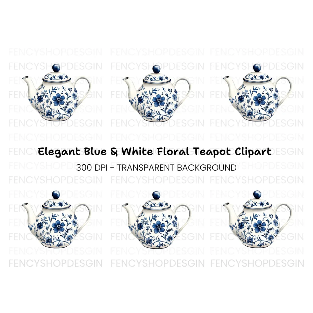 Elegant Blue and White Teapot Clipart Bundle