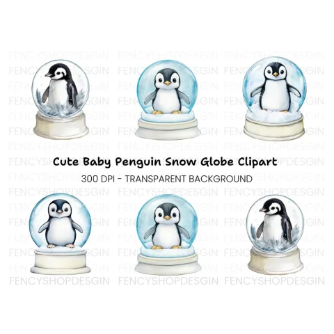 Cute Penguin Snow Globe Clipart Bundle