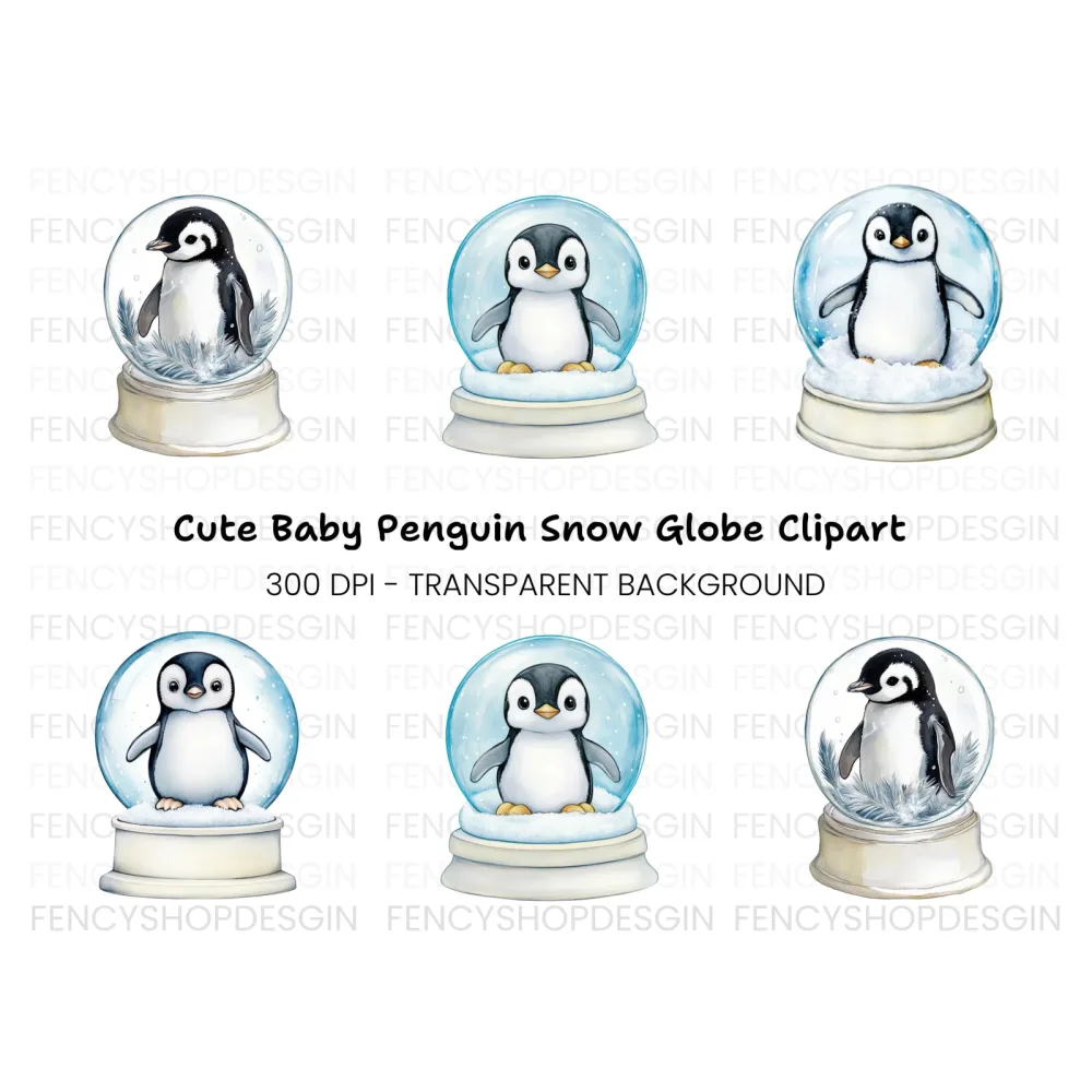 Cute Penguin Snow Globe Clipart Bundle