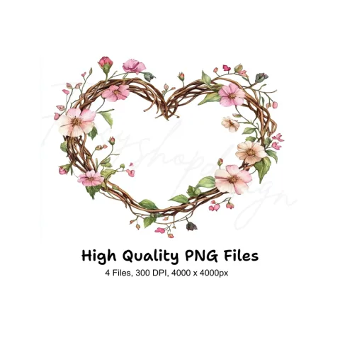 Rustic Floral Heart Wreaths Clipart Bundle