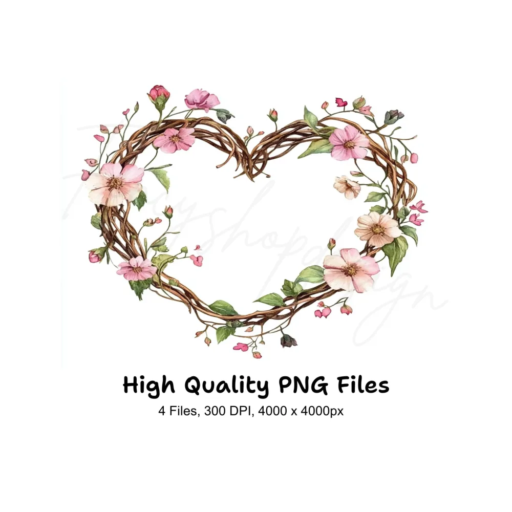 Rustic Floral Heart Wreaths Clipart Bundle