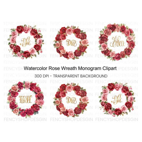 Rose Wreaths Monogram Clipart Bundle