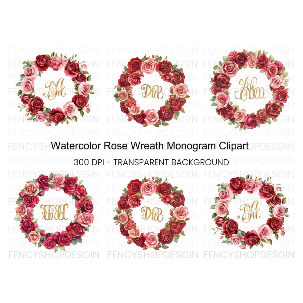 Rose Wreaths Monogram Clipart Bundle