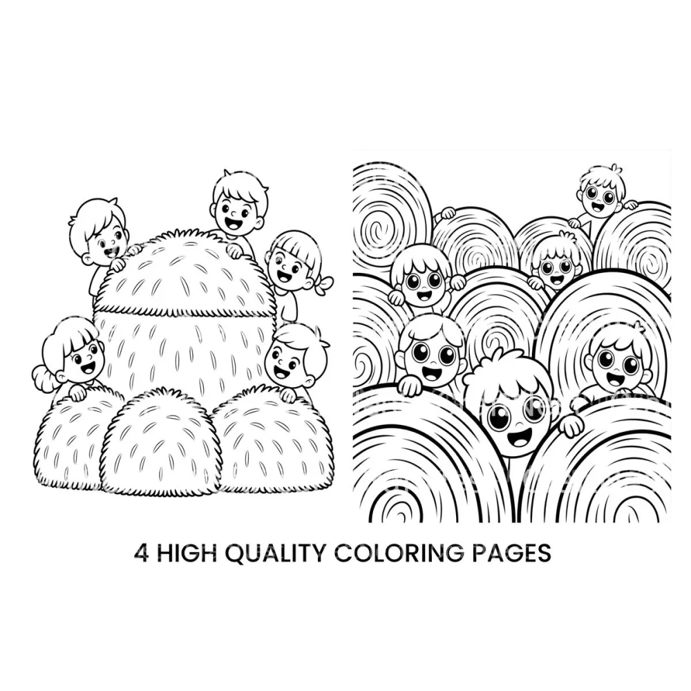 Happy Kids Playing With Hay Bales Coloring Books