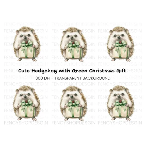Hedgehog with Green Gift Box Clipart Bundle