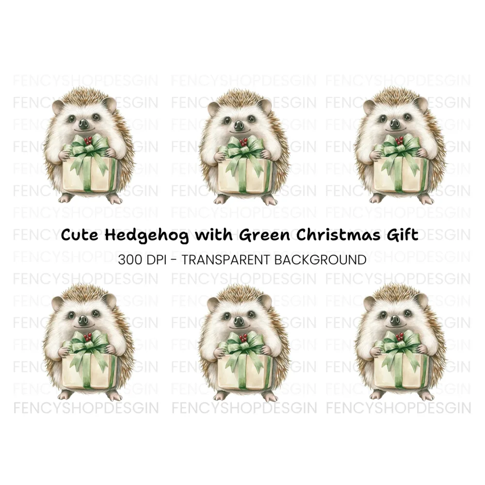 Hedgehog with Green Gift Box Clipart Bundle