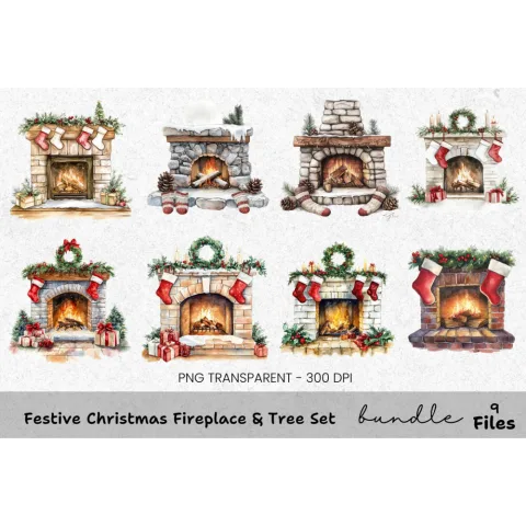 Cozy Christmas Fireplace Clipart Bundle
