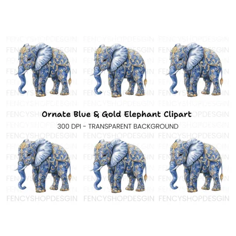 Elegant Blue Elephant with Gold Filigree Clipart Bundle