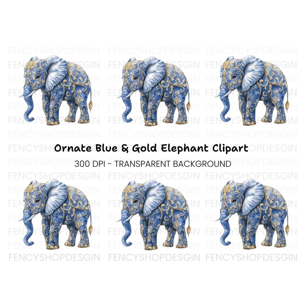 Elegant Blue Elephant with Gold Filigree Clipart Bundle