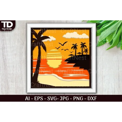 Tropical Beach Sunset D Shadow Box Scene Papercut SVG