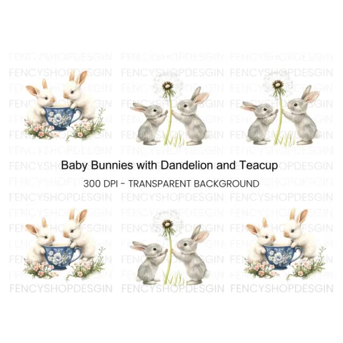 Playful Bunnies and Dandelion Clipart Bundle