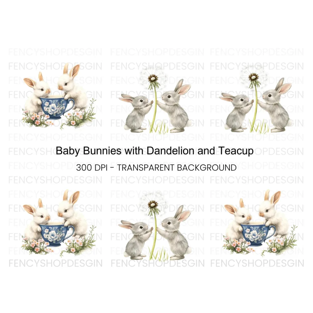 Playful Bunnies and Dandelion Clipart Bundle