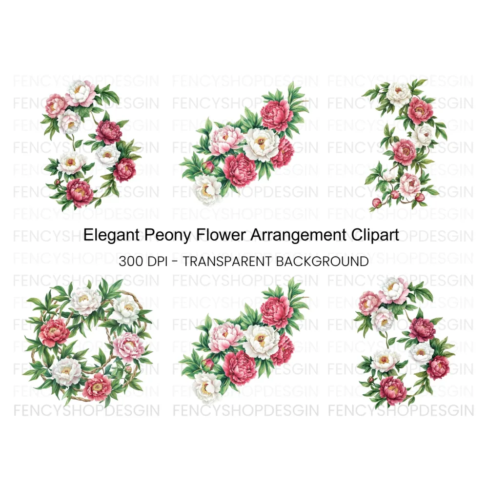 Elegant Peony Flower Arrangement Clipart Bundle