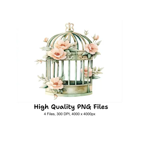 Floral Bird Cages with Delicate Blooms Clipart Bundle