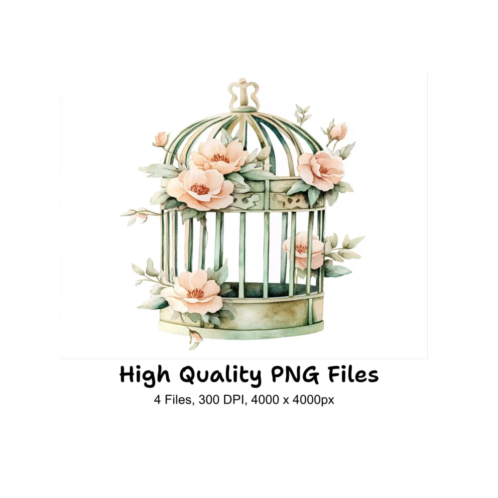Floral Bird Cages with Delicate Blooms Clipart Bundle