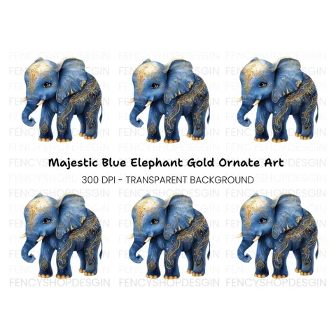 Blue Elephant with Golden Ornaments Clipart Bundle