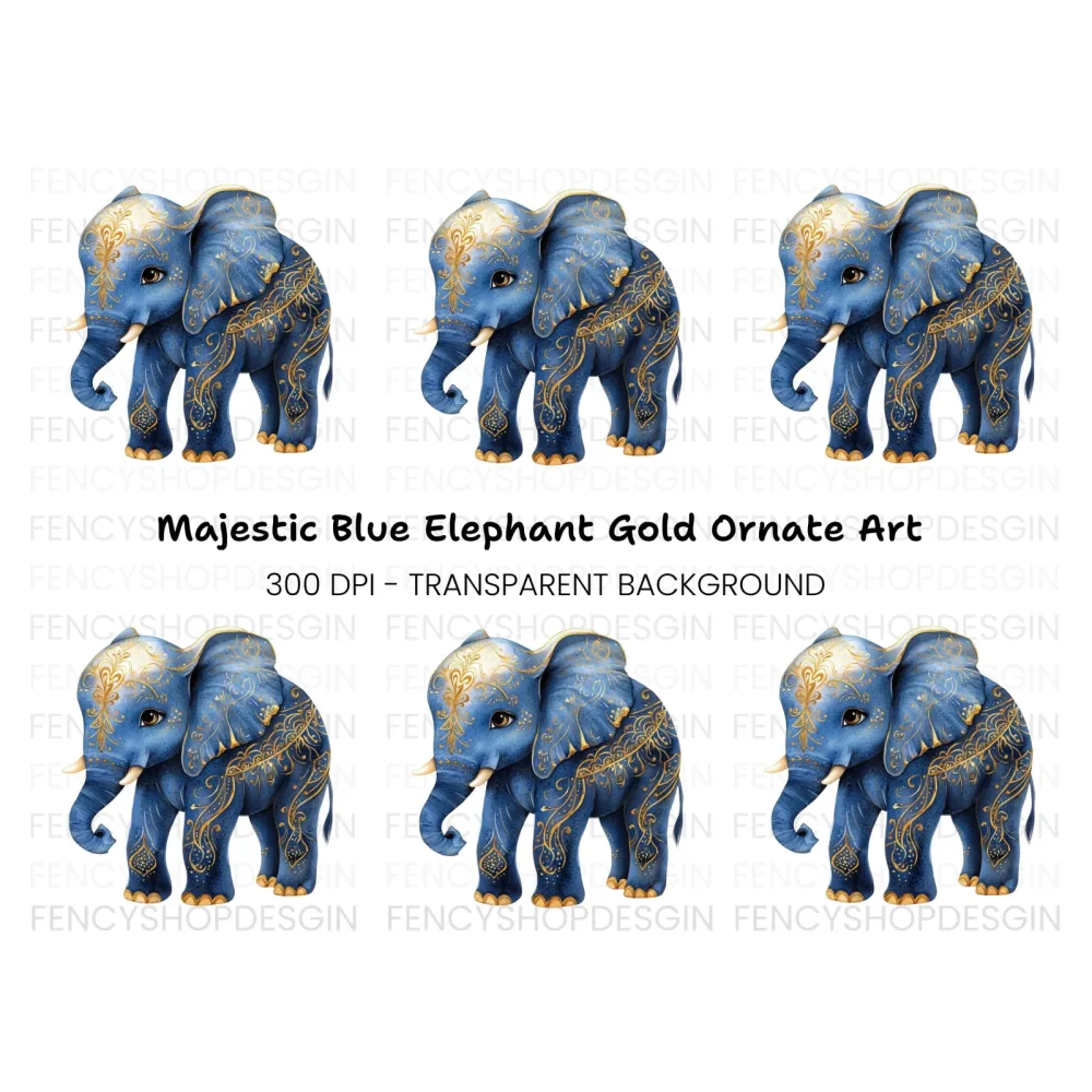 Blue Elephant with Golden Ornaments Clipart Bundle