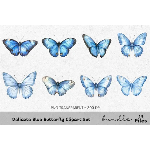 Delicate Blue Butterfly Clipart Bundle