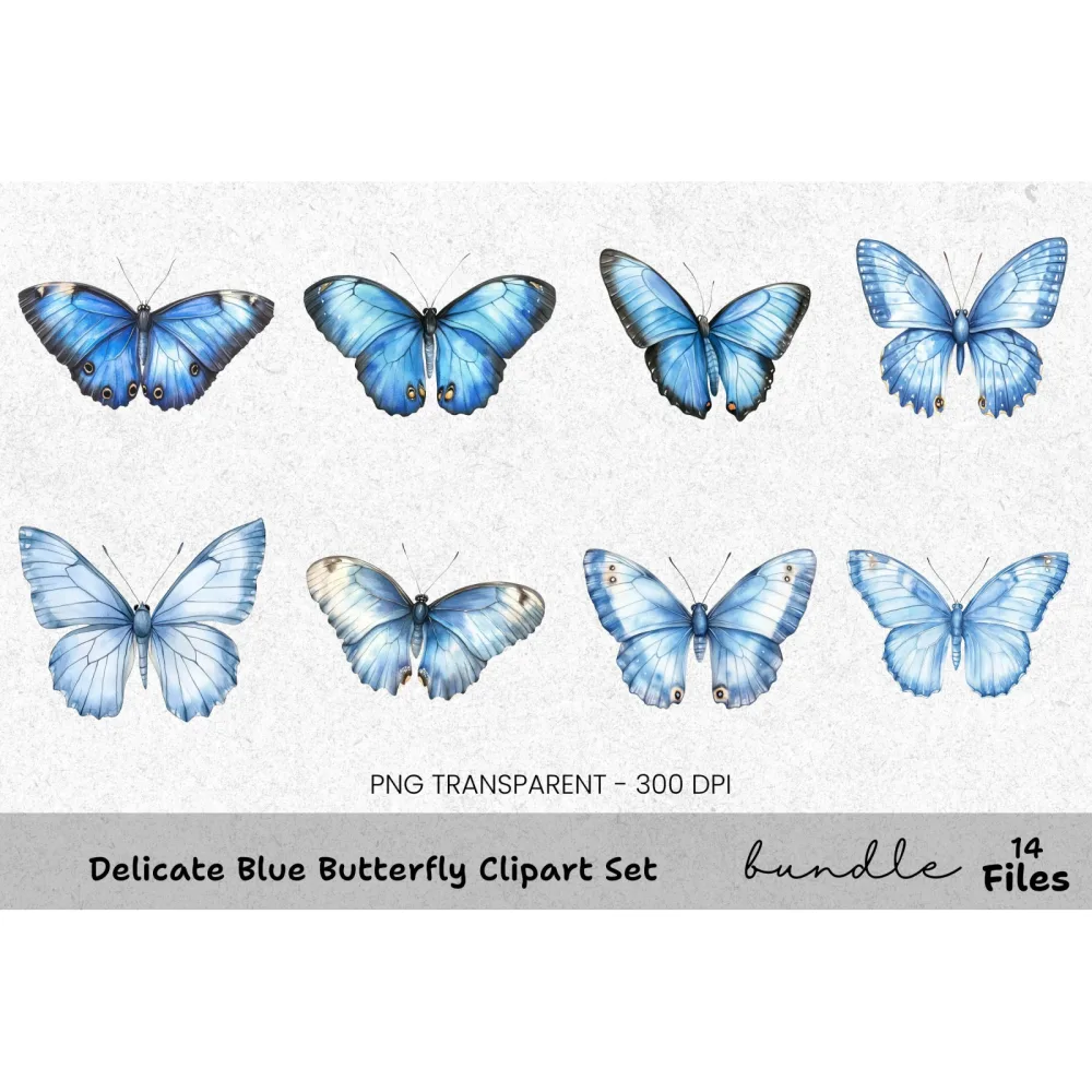 Delicate Blue Butterfly Clipart Bundle