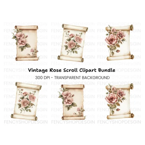 Vintage Rose Scroll Clipart Bundle