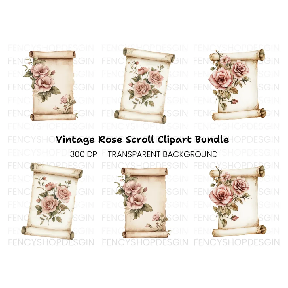 Vintage Rose Scroll Clipart Bundle