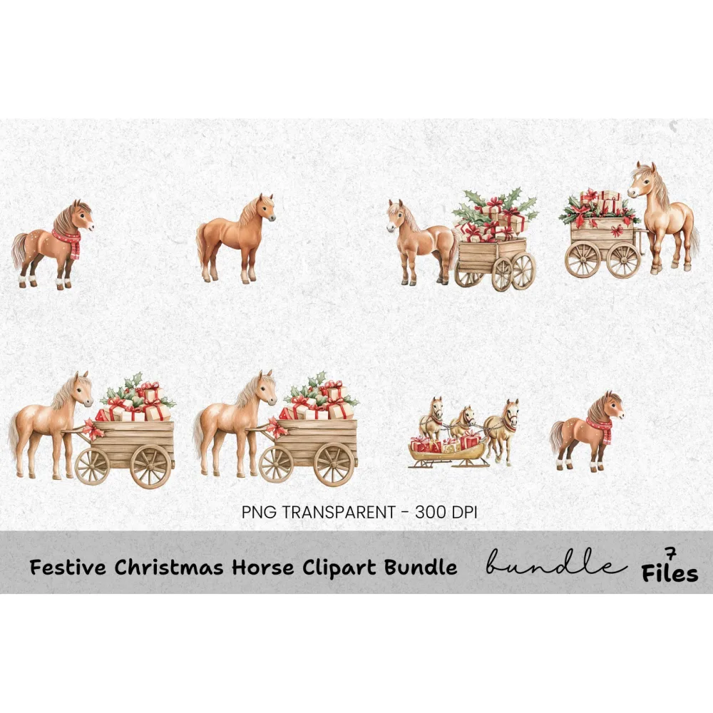Christmas Horse Cart with Gifts Clipart Bundle