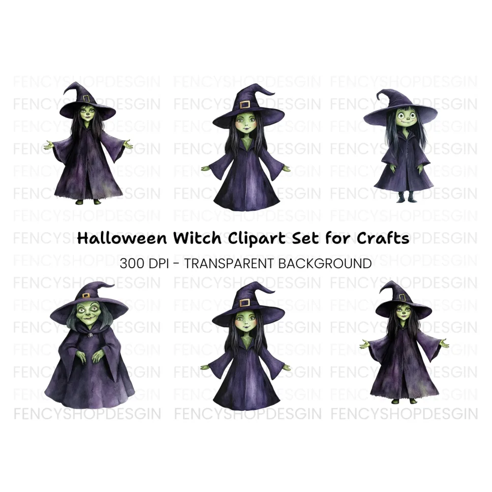 Green Skinned Witch Halloween Clipart Bundle