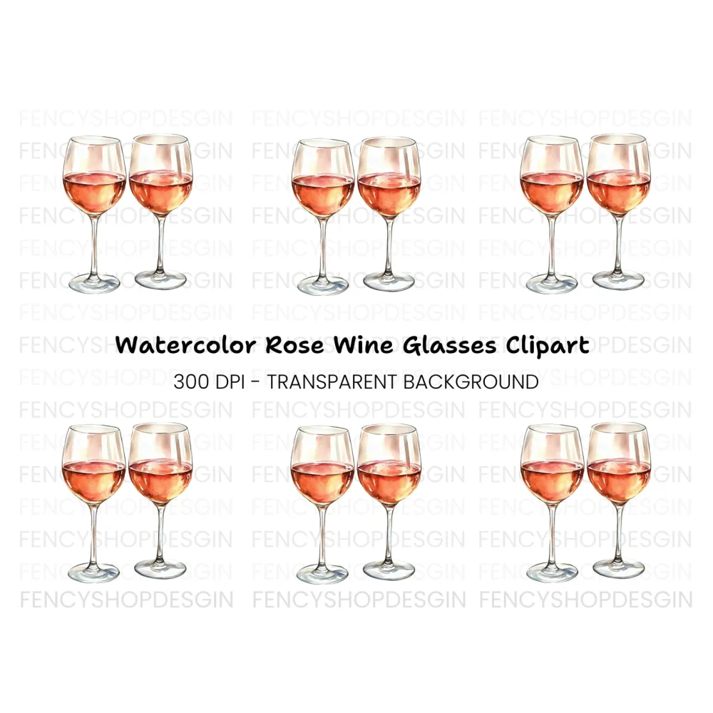 Two Glasses of Rose Wine Clipart Bundle