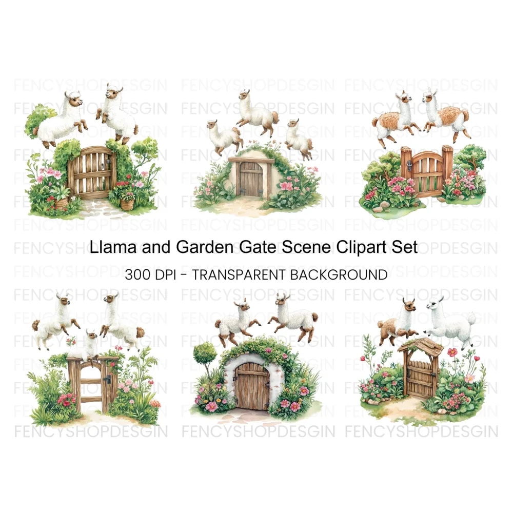 Llamas and Rustic Garden Gates Clipart Bundle