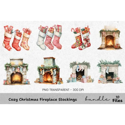 Christmas Fireplace and Stockings Clipart Bundle