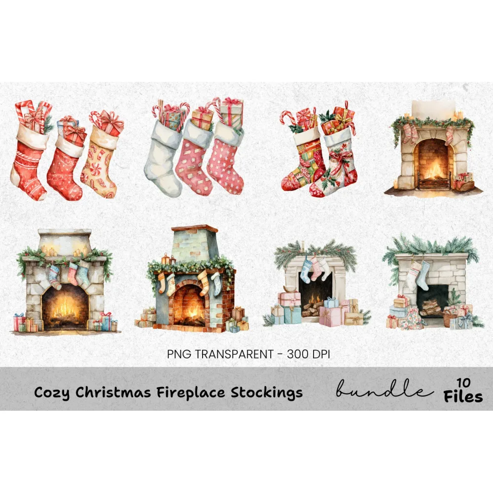 Christmas Fireplace and Stockings Clipart Bundle