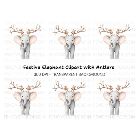 Cute Elephant with Reindeer Antlers Clipart Bundle