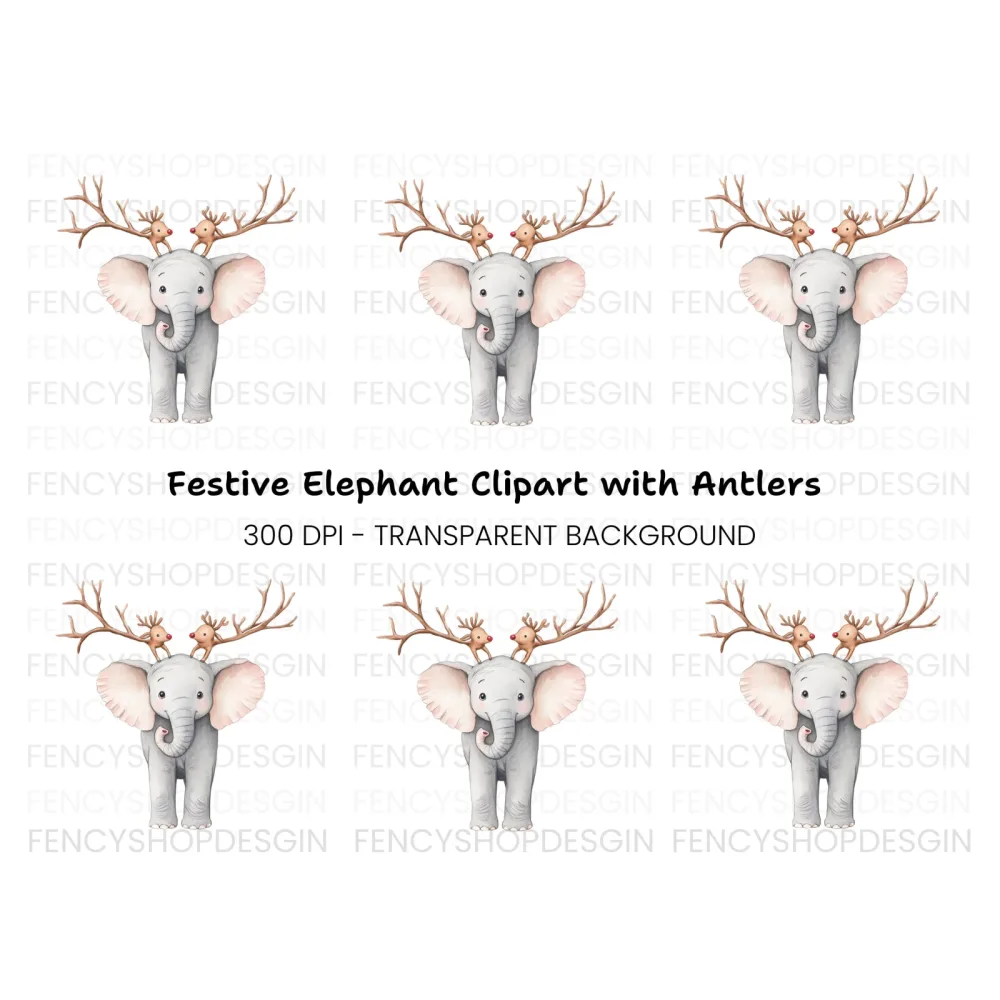Cute Elephant with Reindeer Antlers Clipart Bundle