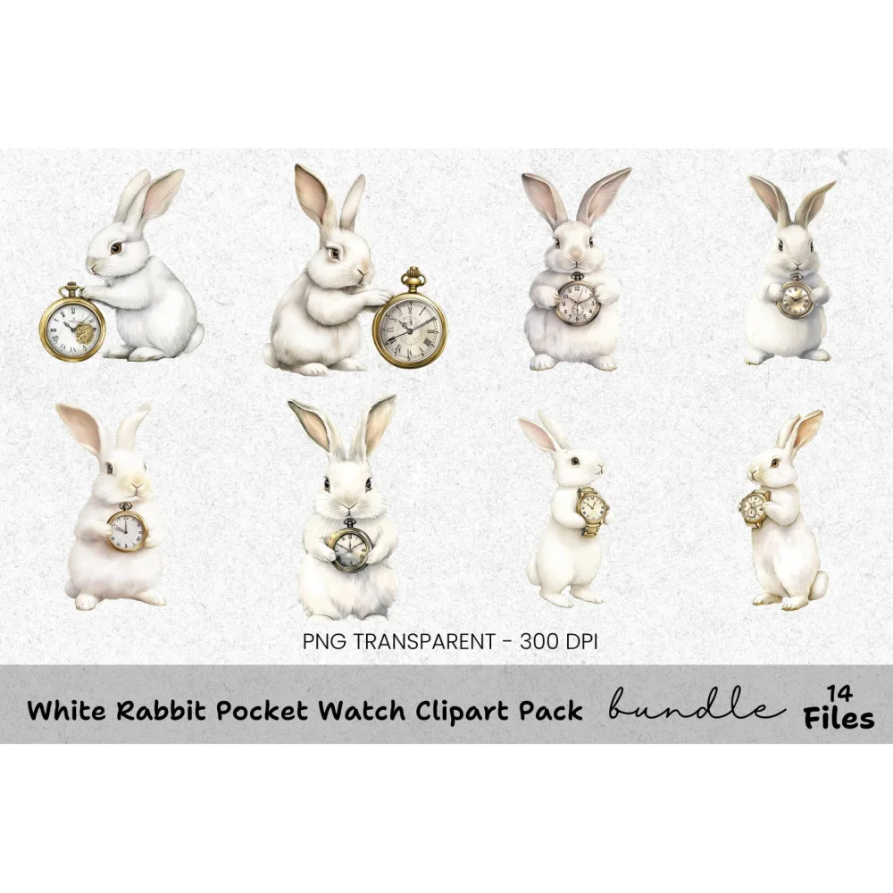 White Rabbit Pocket Watch Clipart Bundle