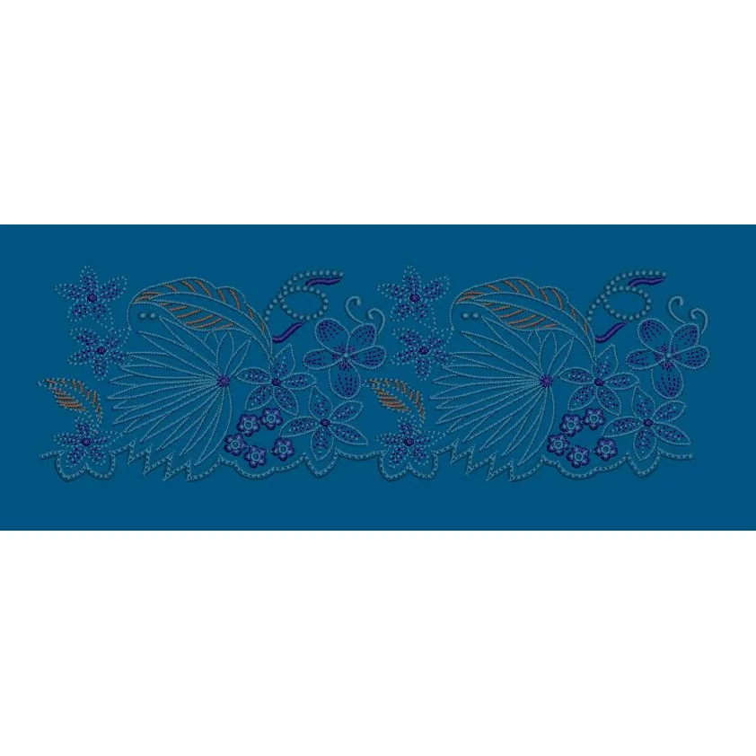 Blue Tropical Leaf and Floral Border Embroidery Design