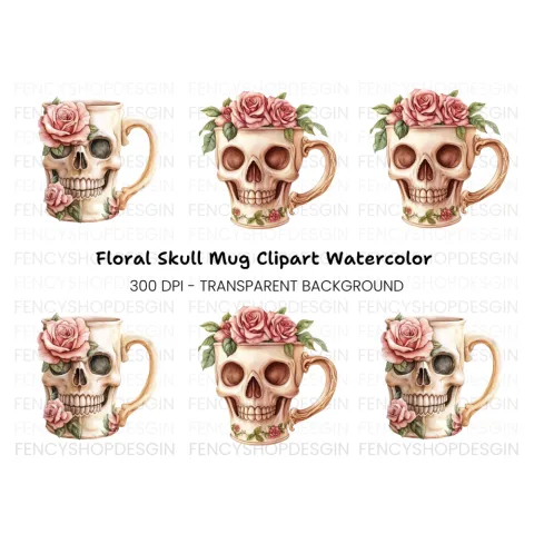 Skull with Pink Roses Clipart Bundle