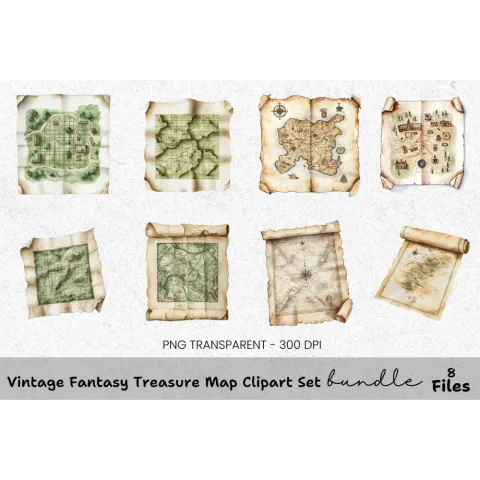 Vintage Fantasy Treasure Map Clipart Bundle