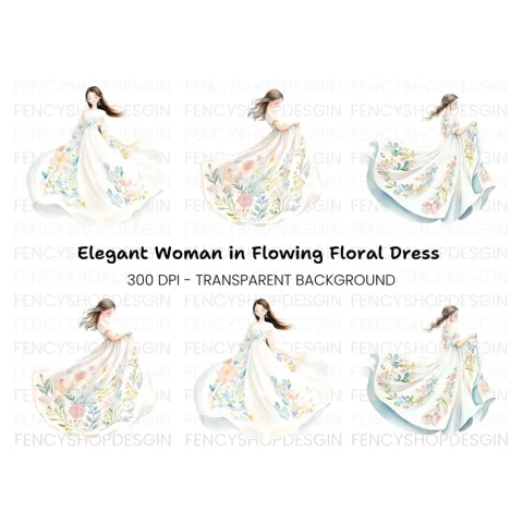 Flowing Floral Dress Clipart Bundle