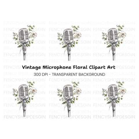 Retro Microphone with White Flowers Clipart Bundle